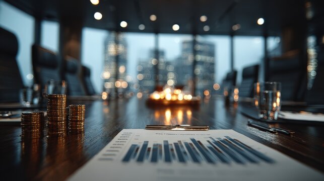 Modern business conference room with large windows, sleek furniture, and a table for meetings or presentations