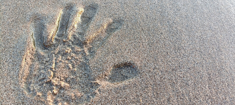 Close-up of a distinct human handprint deeply impressed in the soft, moist beach sand, symbolizing fleeting moments, personal connections, and the serene interaction with nature's timeless shore