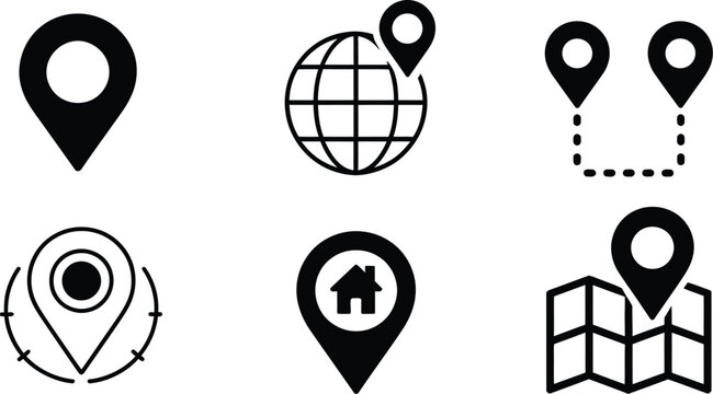 Collection of web map location pin icons vector illustration with glyph solid style for navigation and geolocation services
