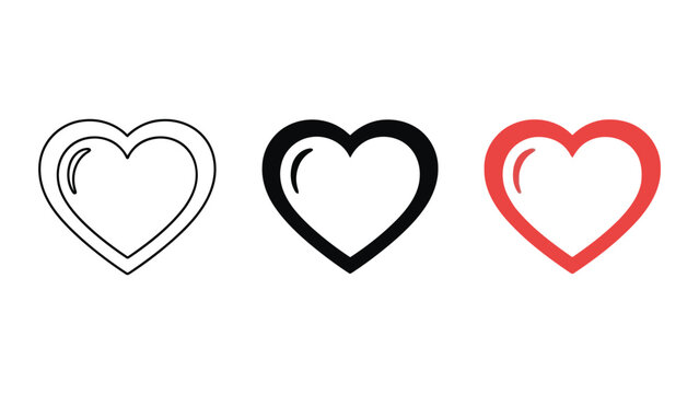 Three heart icons in different styles: outline, solid black, and red with outline