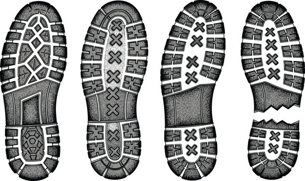 Boot sole tread illustrations set, shoe footprint patterns, rugged outsole textures, footwear grip design, hiking work boot soles, detailed vector art