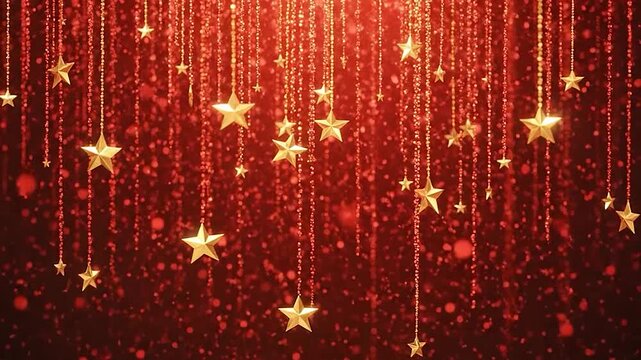 Golden stars hang on shimmering red glitter strings creating a festive