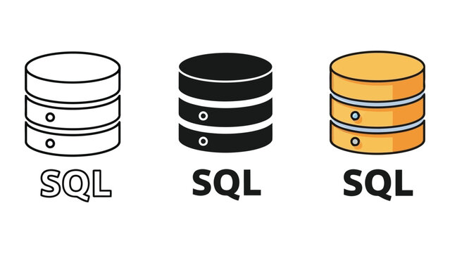 SQL database server icons set in outline solid and flat vector styles