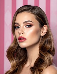 Fototapeta premium A woman with brown hair and red lipstick against a pink striped background