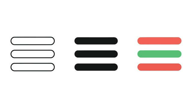 Hamburger menu icon variations in outline solid and colored vector illustration