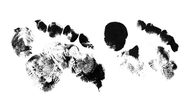 Black ink human footprints isolated on transparent background hand drawn foot marks grunge texture stamp of walking bare feet silhouettes for creative design projects.