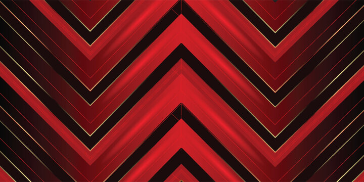Luxury symmetrical chevron pattern with red, black, and gold metallic lines. Elegant abstract geometric background for premium branding, corporate covers, and sophisticated digital wallpaper.