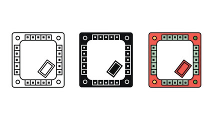 Fototapeta premium Computer processor chip icon set in line art and flat vector style