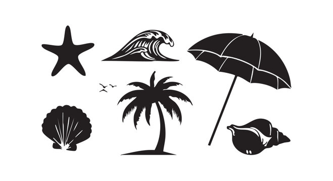 Summer beach vacation icons including starfish wave seashell palm tree umbrella and conch for tropical holiday and seaside fun elements.
