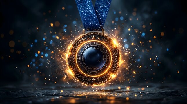 Glowing Gold Medal with Fiery Sparks and Blue Ribbon on Dark Dramatic Background Symbolizing Victory Champion Award Achievement Success Winner First Place and Competition Excellence Concept