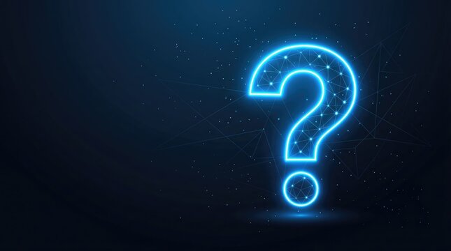 Glowing blue question mark symbol with neon light and geometric network on dark background with stars
