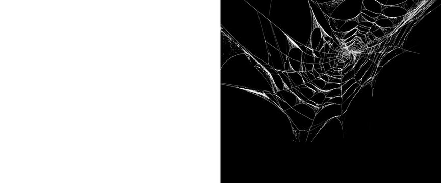 Realistic cobweb corner isolated on transparent background with alpha channel mask for creative overlay effects white spider silk net for spooky halloween design projects.