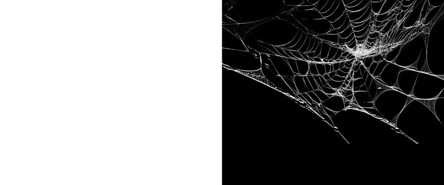 Tattered old spider web corner element isolated on transparent background with alpha channel mask for horror and halloween scene creation realistic dusty cobweb illustration.