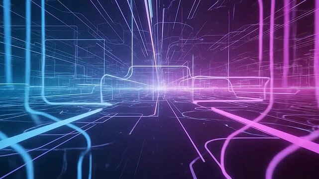 Abstract digital tunnel with glowing blue and pink lines creating a futuristic