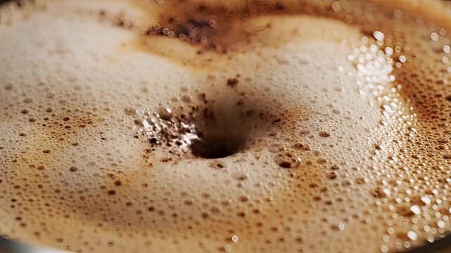 Closeup of hot coffee being poured creating a swirling vortex and foam.