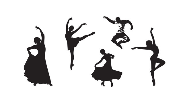 Various dancers performing artistic movements and ballet poses presented in black silhouettes for rhythmic show themes.