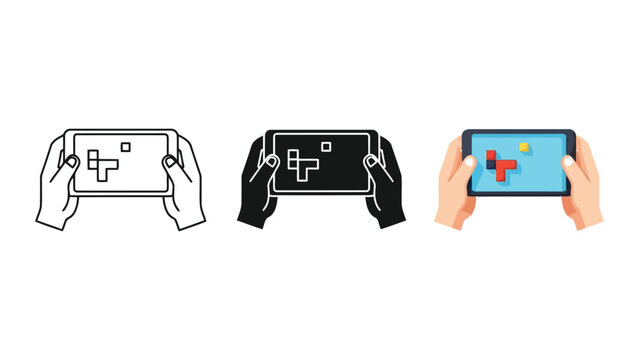 Hands holding tablet playing mobile game vector illustration set