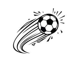 Flying soccer ball vector illustration with dynamic speed lines and explosive impact shards, isolated black comic style football graphic element © Smartcare