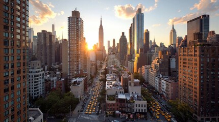 Obraz premium Golden Hour Sunlight Illuminates a Dense Urban Skyline with Iconic Tall Buildings and Busy Streets Below