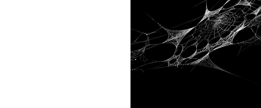 Cobweb white texture with alpha channel mask and transparent background for halloween design project spooky corner spider web element set for realistic cinematic effects.