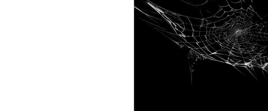 Detailed white spider web with an intricate central pattern and scattered particles on a transparent background and alpha matte.