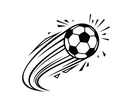 Flying soccer ball vector illustration with dynamic speed lines and explosive impact shards, isolated black comic style football graphic element