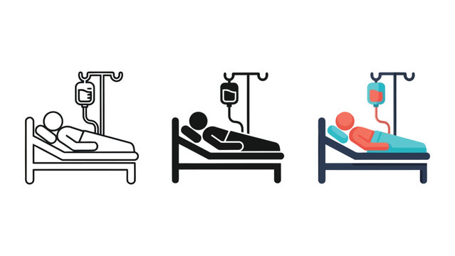 Patient in hospital bed with intravenous drip vector illustration set
