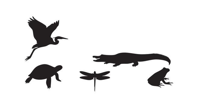 Wetland and pond animals collection featuring a heron turtle dragonfly alligator and frog in black silhouette.