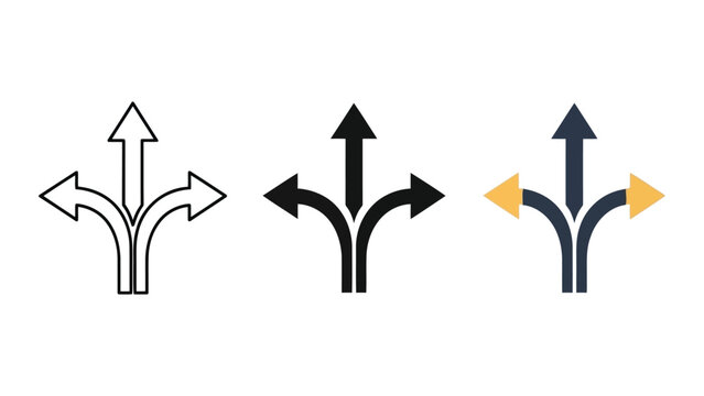 Three way split arrows vector illustration in outline solid and colored styles