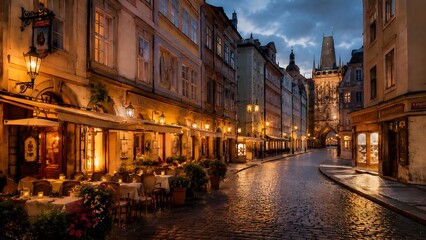 Fototapeta premium Beautiful European old town street with historic architecture, cobblestone road, warm glowing cafe lights, and romantic evening atmosphere
