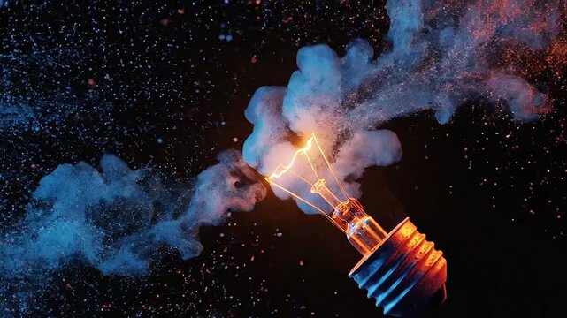 A glowing light bulb surrounded by vibrant blue and orange particles and smoke