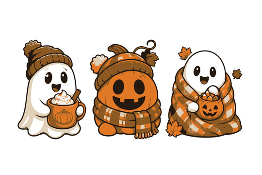 Adorable cartoon ghost and pumpkin characters celebrating autumn with warm drinks and cozy blankets