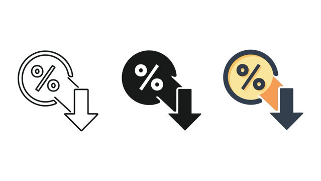 Discount percentage symbol with downward arrow vector illustration set