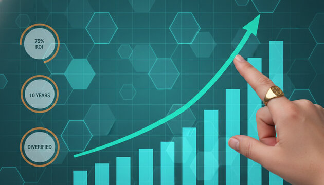Upward trending graph with bar chart and circular infographics on a geometric background, symbolizing financial growth and investment success, a business concept