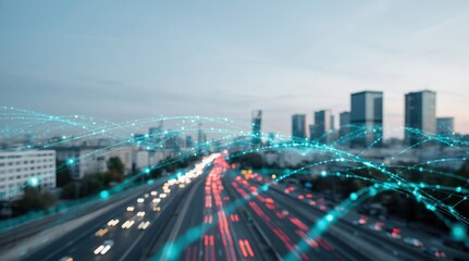 Obraz premium Abstract Digital Network Overlaying a Blurred Cityscape with Traffic Trails at Dusk