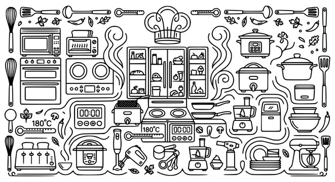 Creative kitchen appliance vector icon set with cooking and timer illustrations