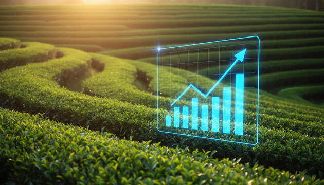Terraced green tea plantation at sunrise with a glowing blue financial graph overlay, symbolizing growth and profitability in agriculture.