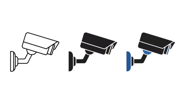 Security camera icons set in outline flat and color styles