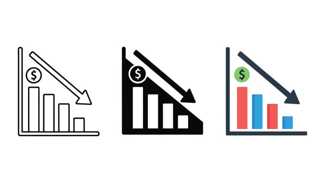 Financial loss bar chart vector icon set with downward arrow and dollar sign