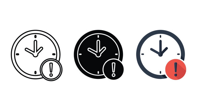 Set of clock icons with exclamation mark warning signs in various vector styles