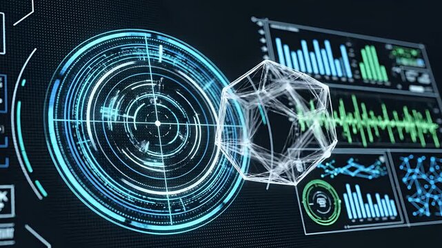Futuristic Digital Interface Displaying Complex Data and 3D Model.