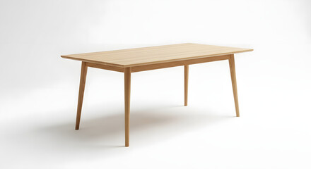 Fototapeta premium Minimalist Wooden Table: A clean, modern wooden dining table with tapered legs showcases elegant simplicity and timeless design, perfect for any home setting.