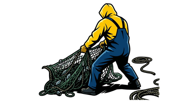 A heap of fresh fish caught in a green woven fishing net on white