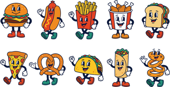 Cartoon fast food characters walking and smiling on white background