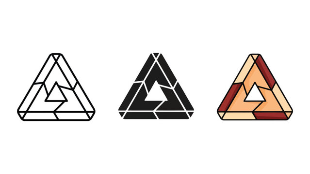 Impossible triangle vector illustration set in line art solid and colored styles