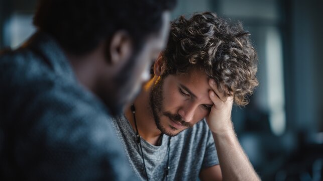 Stressed young man receiving support and empathy from a friend during a difficult time, dealing with mental health challenges and seeking help