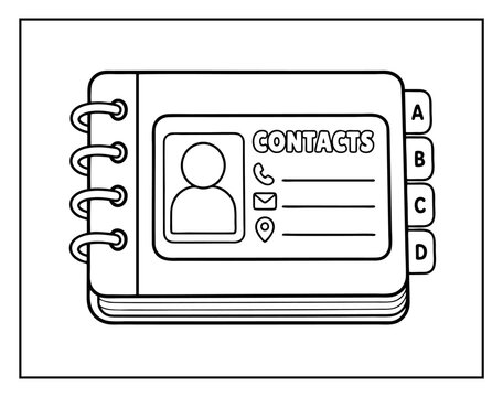 Coloring page of an address book with contact information for kids to use for creative activity
