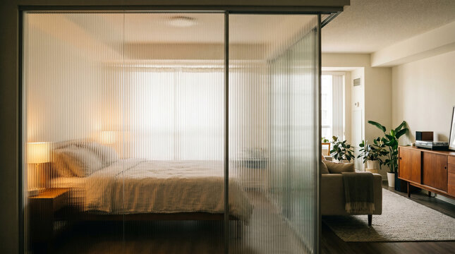 Modern Minimalist Studio Apartment Interior with Fluted Glass Partition Separating Bedroom from Living Space, Featuring Mid-Century Modern Furniture, Potted Plants, Warm Lighting, and Japandi Decor
