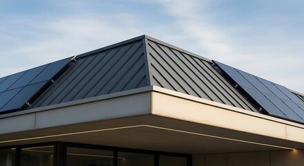 Fototapeta premium Modern metal roof with solar panels and contemporary architectural design