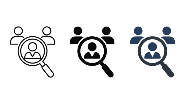 Recruitment and talent search vector icons set with magnifying glass and people silhouettes